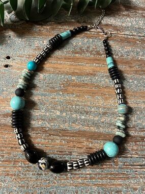 Turquoise and Black Beaded gemstone Women's Necklace